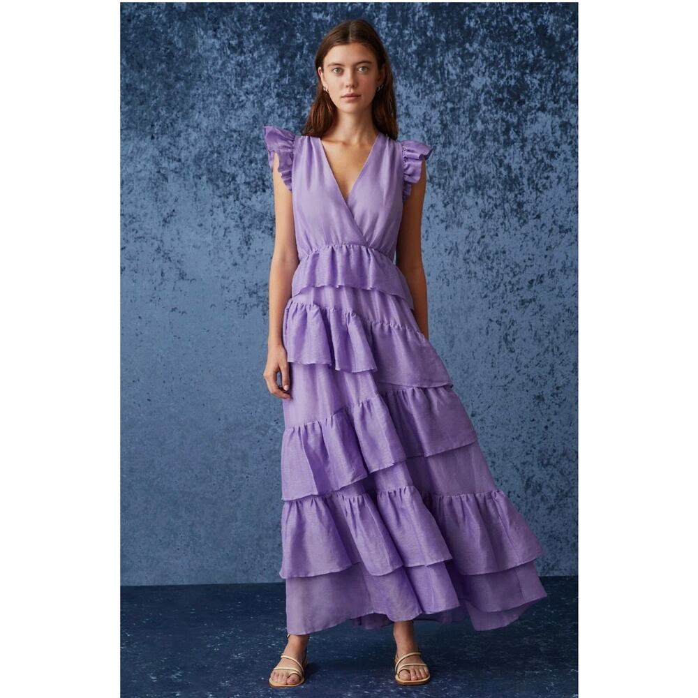 Marie Oliver Women’s 2 Purple Marisol Silk Linen Ruffle Maxi Designer Dress NEW